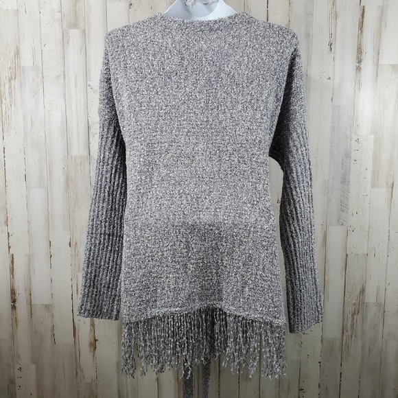 A'reve Womens Cardigan Sweater S M Gray Fringe Ribbed Arms Belted T2 - Picture 4 of 5